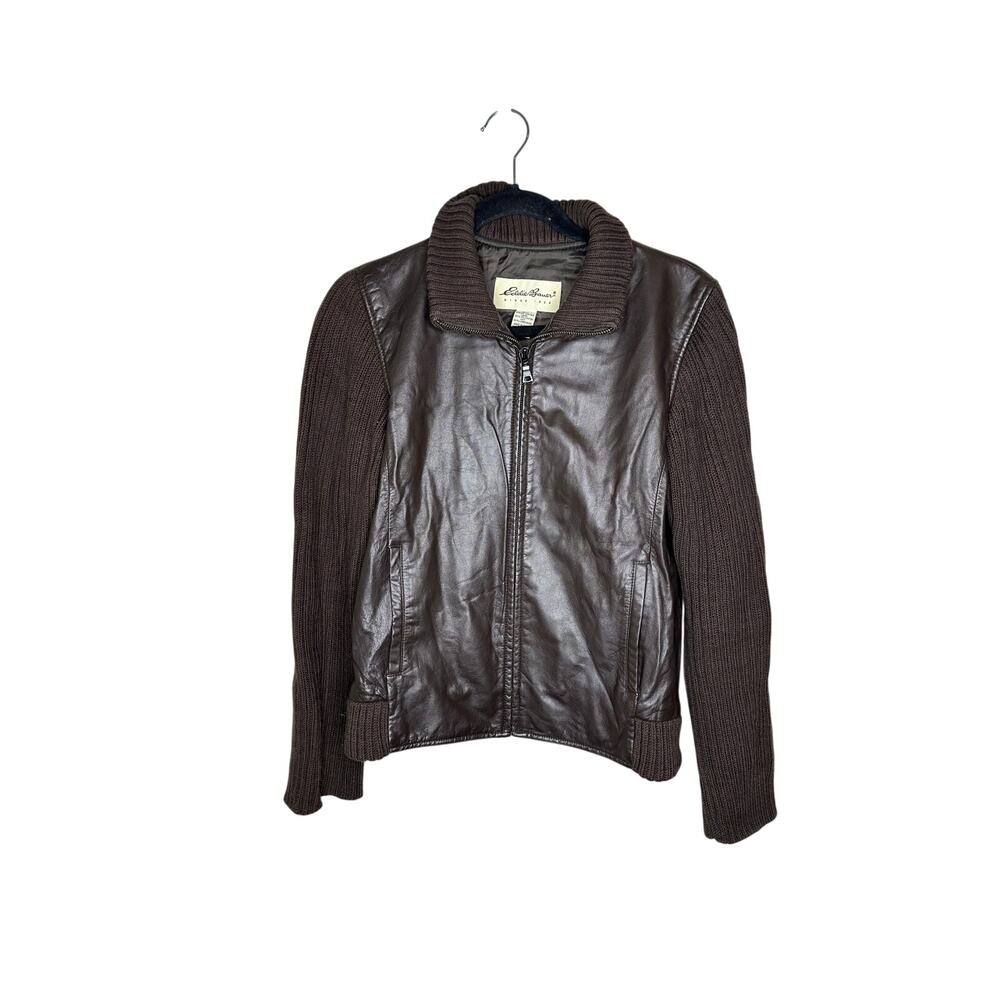 VTG Eddie Bauer Leather Jacket Women S Brown Lambswool Knit Sleeves Full Zip EU